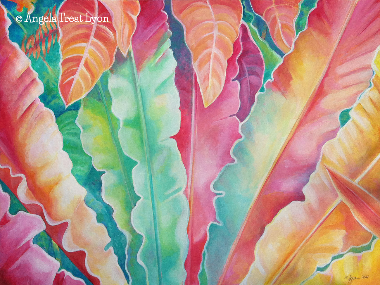 Colorful abstractish painting of birds nest fern leaves